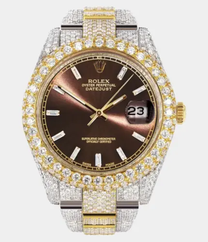Diamond Iced Out Rolex Datejust 41 | 25 Carats Of Diamonds | Morocco Brown Dial | Two Tone | Two Row | Oyster Band Replik