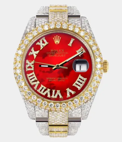 Diamond Iced Out Rolex Datejust 41 | 25 Carats Of Diamonds | Custom Red Mother of Pearl Roman Numeral Diamond Dial | Two Tone | Two Row | Oyster Band Replik