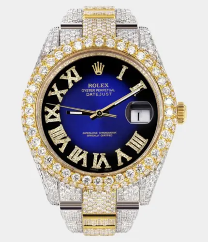Diamond Iced Out Rolex Datejust 41 | 25 Carats Of Diamonds | Custom Blue Black Roman Numeral Diamond Dial | Two Tone | Two Row | Oyster Band Replik
