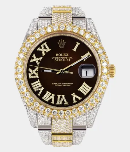 Diamond Iced Out Rolex Datejust 41 | 25 Carats Of Diamonds | Custom Dark Brown Roman Numeral Diamond Dial | Two Tone | Two Row | Oyster Band Replik