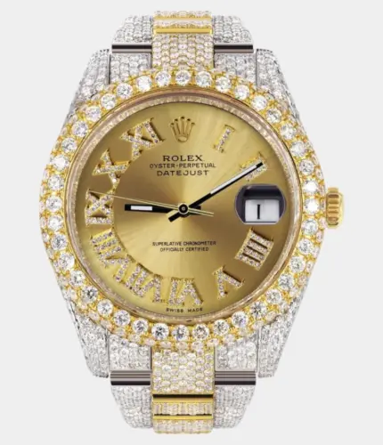 Diamond Iced Out Rolex Datejust 41 | 25 Carats Of Diamonds | Custom Gold Roman Numeral Diamond Dial | Two Tone | Two Row | Oyster Band Replik