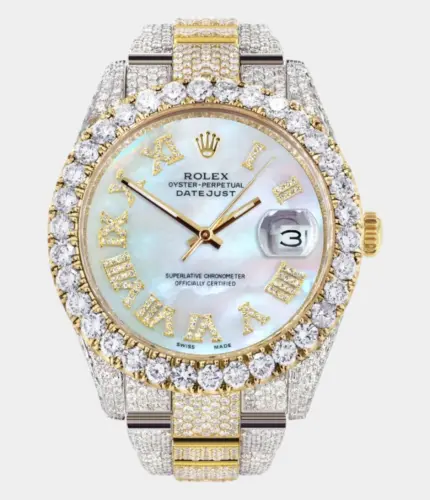 Diamond Iced Out Rolex Datejust 41 | 25 Carats Of Diamonds | Mother Of Pearl Dial | Two Tone | Oyster Band Replik