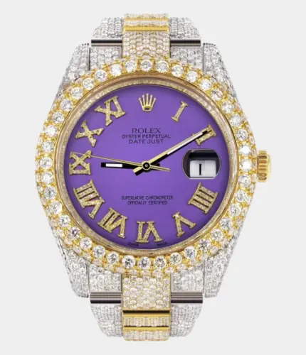 Diamond Iced Out Rolex Datejust 41 | 25 Carats Of Diamonds | Custom Purple Roman Numeral Diamond Dial | Two Tone | Two Row | Oyster Band Replik
