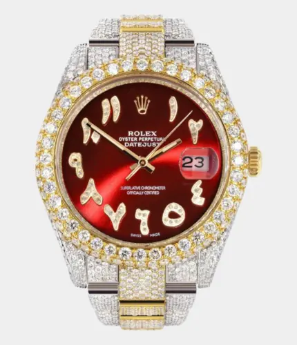 Diamond Iced Out Rolex Datejust 41 | 25 Carats Of Diamonds | Custom Red Arabic Numeral Diamond Dial | Two Tone | Two Row | Oyster Band Replik