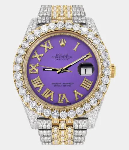 Diamond Iced Out Rolex Datejust 41 | 25 Carats Of Diamonds | Custom Purple Roman Numeral Diamond Dial | Two Tone | Jubilee Band Replik