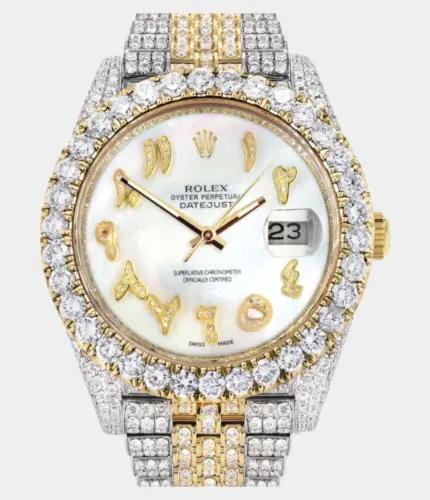 Diamond Iced Out Rolex Datejust 41 | 25 Carats Of Diamonds | Custom Mother of Pearl Arabic Numeral Diamond Dial | Two Tone | Jubilee BandReplik