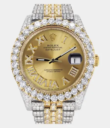 Diamond Iced Out Rolex Datejust 41 | 25 Carats Of Diamonds | Custom Gold Roman Numeral Diamond Dial | Two Tone | Jubilee Band Replik
