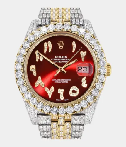 Diamond Iced Out Rolex Datejust 41 | 25 Carats Of Diamonds | Custom Red Arabic Numeral Diamond Dial | Two Tone | Jubilee Band Replik