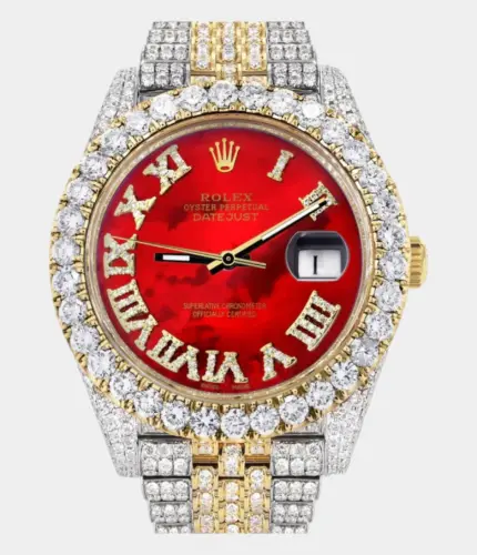 Diamond Iced Out Rolex Datejust 41 | 25 Carats Of Diamonds | Custom Red Mother of Pearl Roman Numeral Diamond Dial | Two Tone | Jubilee Band Replik