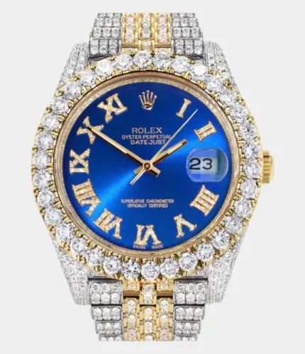 Diamond Iced Out Rolex Datejust 41 | 25 Carats Of Diamonds | Custom Blue Roman Numeral Diamond Dial | Two Tone | Jubilee Band Replik