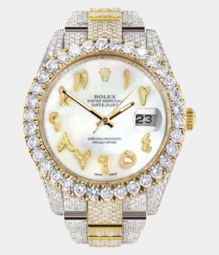 Diamond Iced Out Rolex Datejust 41 | 25 Carats Of Diamonds | Custom Mother of Pearl Arabic Numeral Diamond Dial | Two Tone | Oyster Band Replik