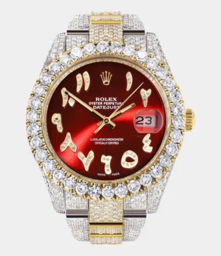 Diamond Iced Out Rolex Datejust 41 | 25 Carats Of Diamonds | Custom Red Arabic Numeral Diamond Dial | Two Tone | Oyster Band Replik