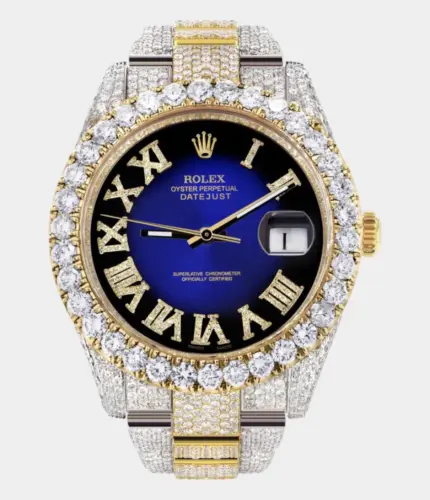 Diamond Iced Out Rolex Datejust 41 | 25 Carats Of Diamonds | Custom Blue Black Roman Numeral Diamond Dial | Two Tone | Oyster Band Replik