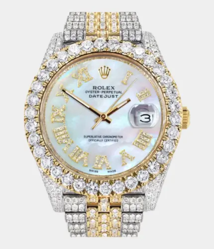 Diamond Iced Out Rolex Datejust 41 | 25 Carats Of Diamonds | Mother of Pearl Dial | Two Tone | Jubilee Band Replik