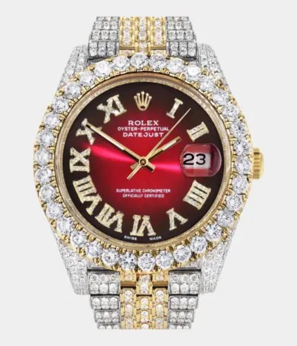 Diamond Iced Out Rolex Datejust 41 | 25 Carats Of Diamonds | Custom Red Black Dial | Two Tone | Jubilee Band Replik