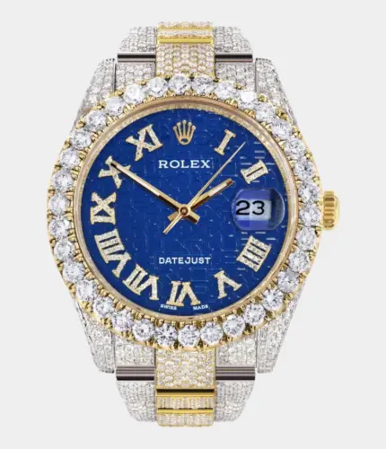 Diamond Iced Out Rolex Datejust 41 | 25 Carats Of Diamonds | Custom Blue Text Pattern Dial | Two Tone | Oyster Band Replik