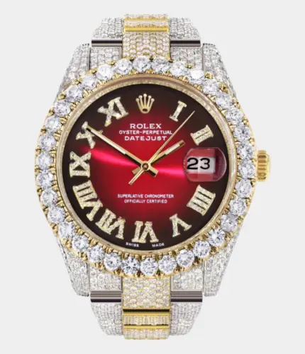 Diamond Iced Out Rolex Datejust 41 | 25 Carats Of Diamonds | Custom Red Black Roman Numeral Dial | Two Tone | Oyster Band Replik