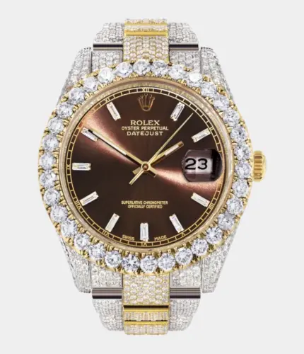 Diamond Iced Out Rolex Datejust 41 | 25 Carats Of Diamonds | Morocco Brown Diamond Dial | Two Tone | Oyster Band Replik