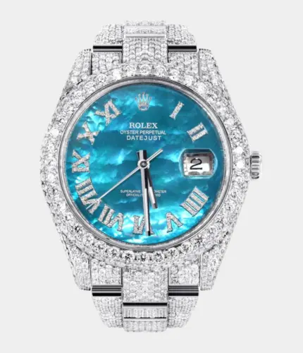 Diamond Iced Out Rolex Datejust 41 | 25 Carats Of Diamonds | Aquamarine Mother of Pearl Dial | Two Row | Oyster Band Replik