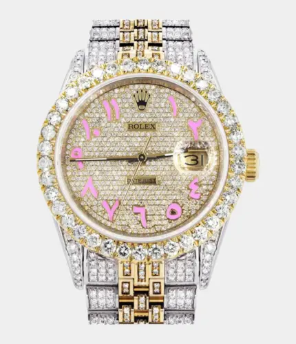 Iced Out Rolex Datejust 36 MM | Two Tone | 10 Carats of Diamonds | Full Diamond Pink Arabic Dial Replik