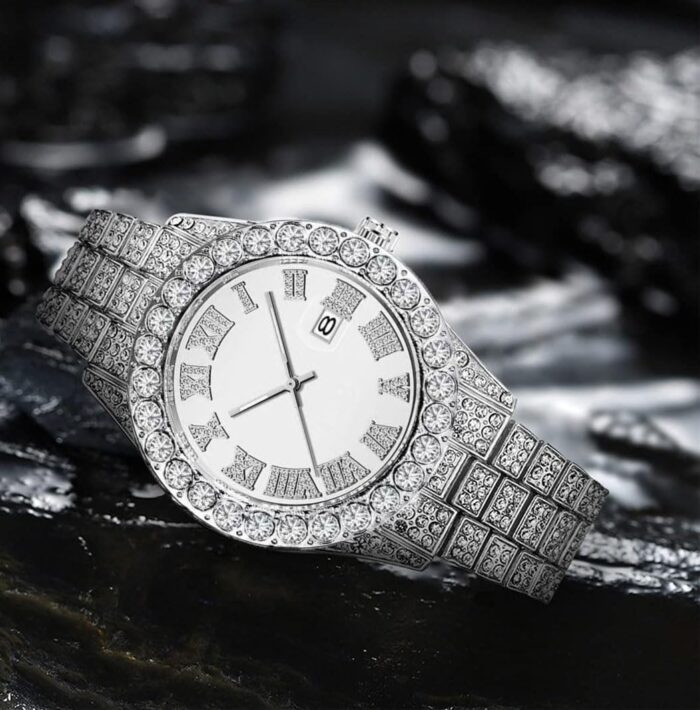 Iced-Out Diamond Watch – Silver with Crystal Rhinestone Analog Bracelet Wrist Replik