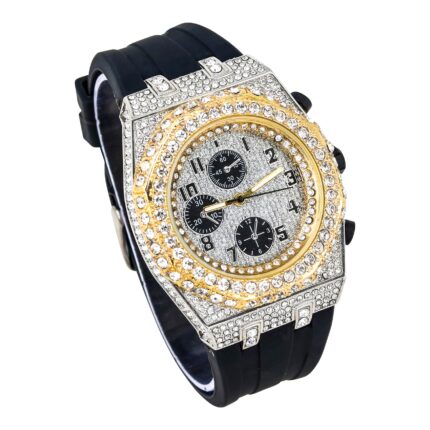 Men’s 43mm Iced Out Octagonal Case Silicone Band Watch Two Tone-silver Replik